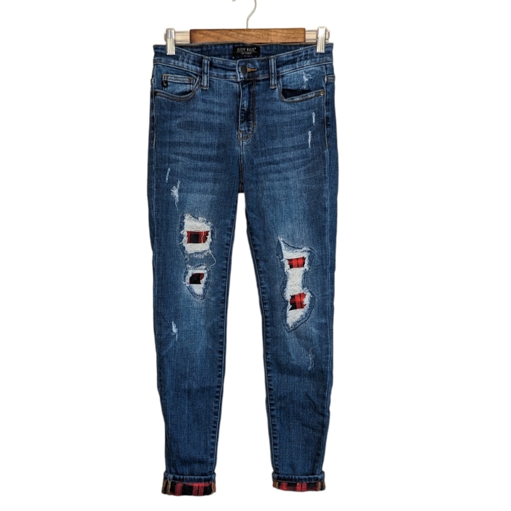 Judy Blue Skinny Fit Buffalo Plaid Distressed Jeans 3/26
